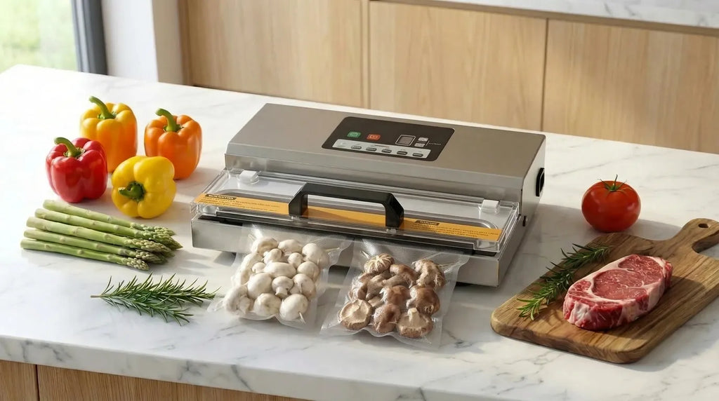 Maszyna sous vide pakująca próżniowo świeże grzyby